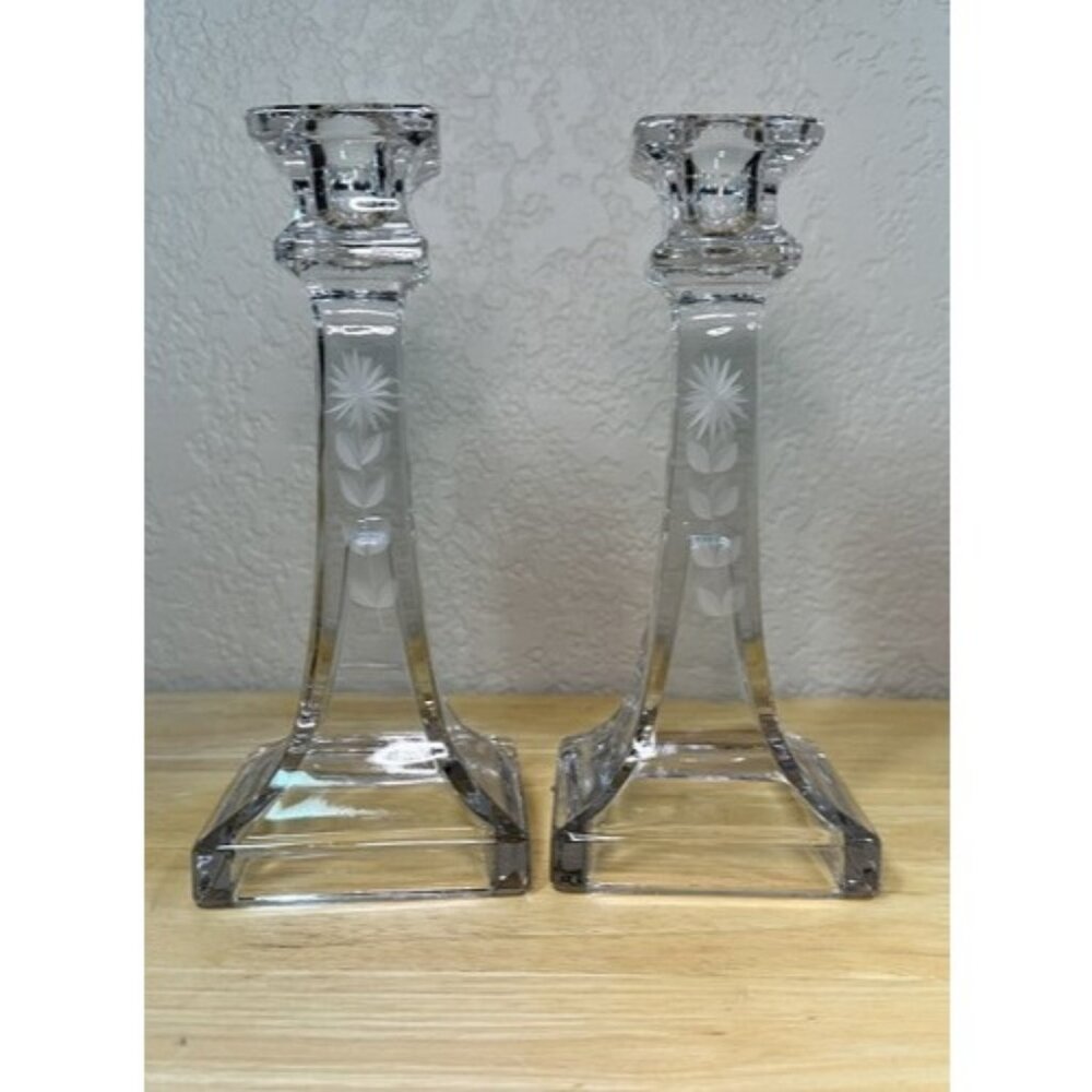 VTG Westmoreland Candlesticks Pair Etched Glass Wheel Cut Flowers UV Glowy 7.5"
